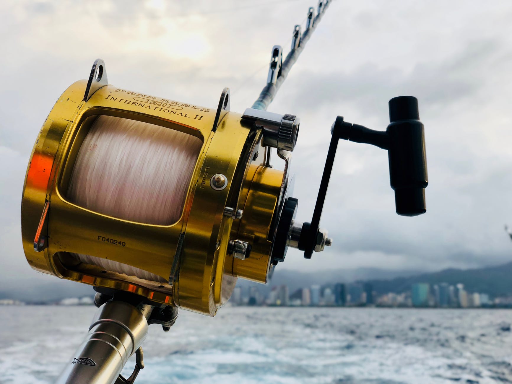 selective focus of brown fishing reel