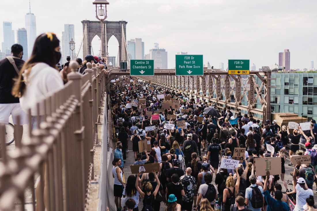 crowd of protesters holding signs